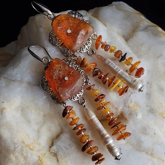 Genuine Nugget Amber Pearls Silver Earrings